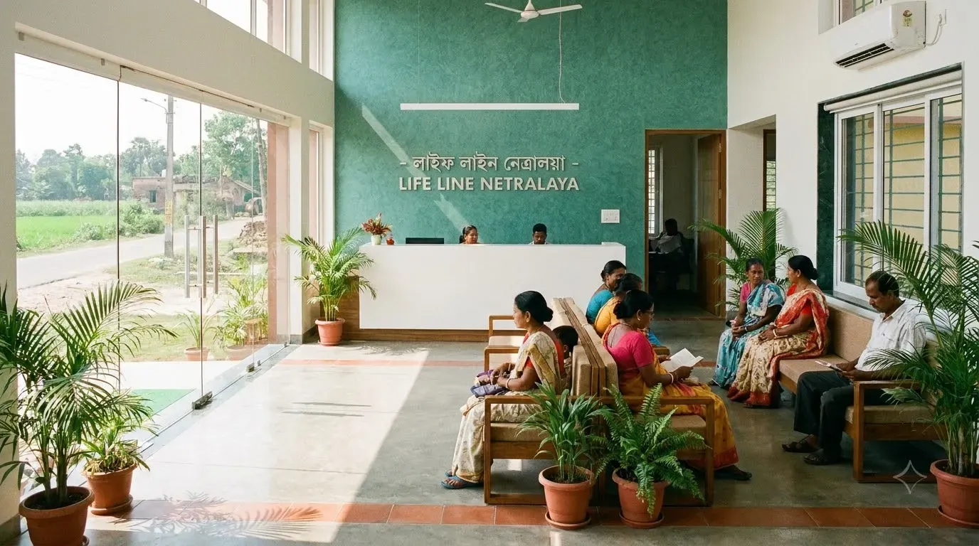 The reception area of Lifeline Netralaya eye hospital in Raina